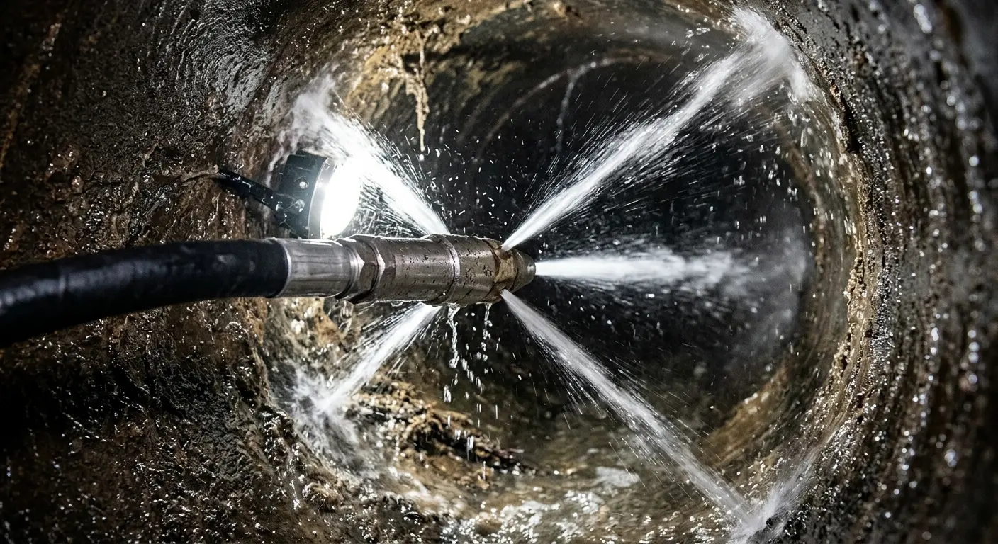 High-pressure hydro jetting nozzle cleaning sewer pipe for Emergency Drain Service in Mount Airy