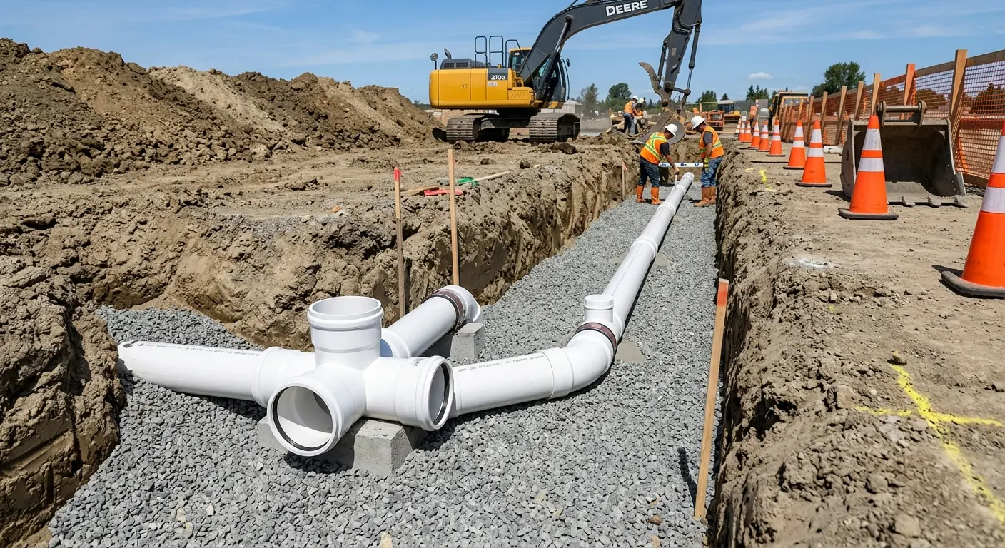 New PVC sewer pipe installation in open trench for Sewer Backup in Mount Airy