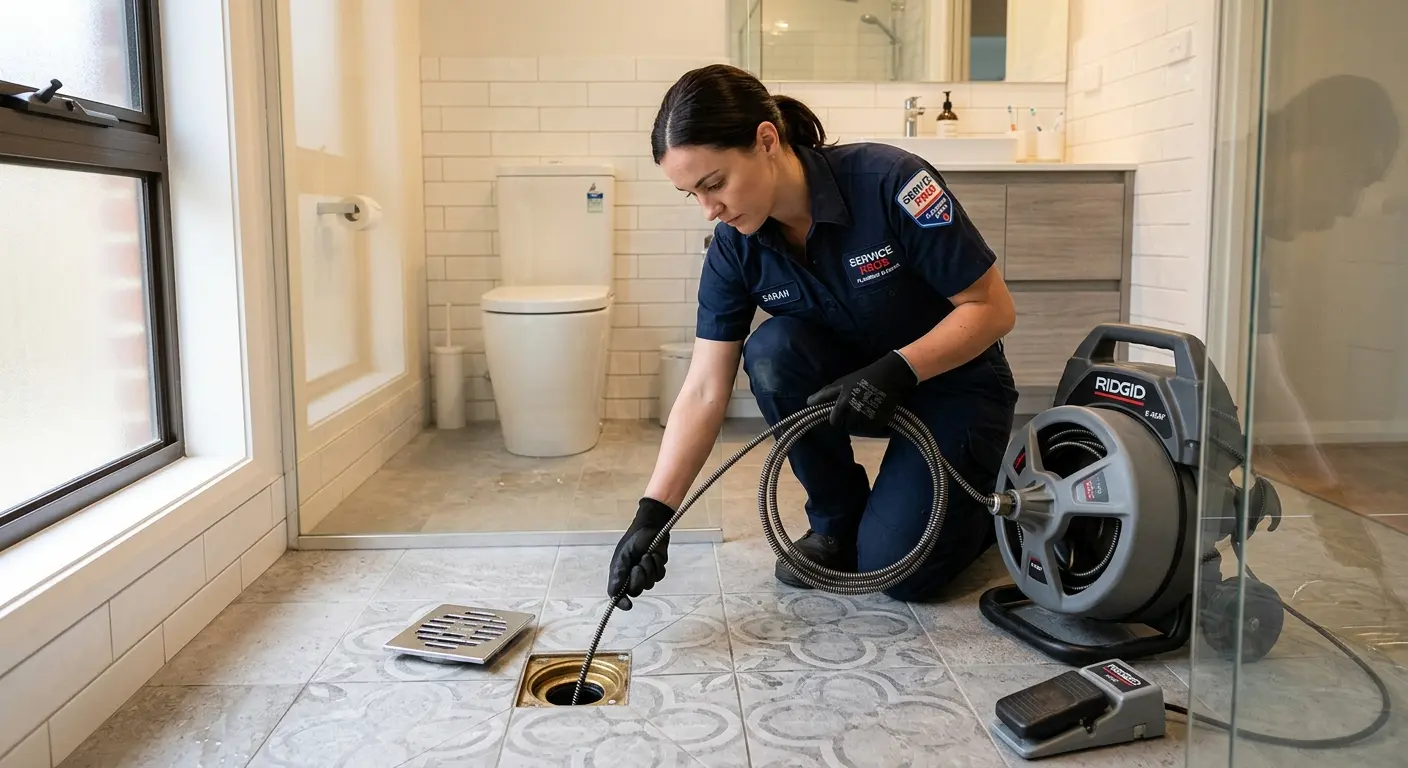 Technician clearing a bathroom floor drain for Drain Cleaning in Mount Airy